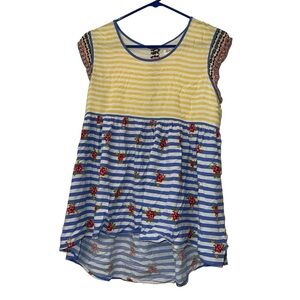 Matilda Jane women’s Yellow and Blue Striped floral tank top Blouse sz M